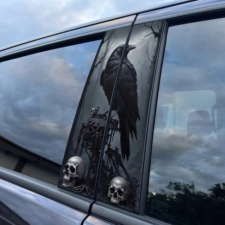 2 miếng dán xe hơi, hình chim quạ và đầu lâu - Miếng dán bảo vệ cột B kiểu Gothic với họa tiết đầu lâu và chim quạ, bền lâu.