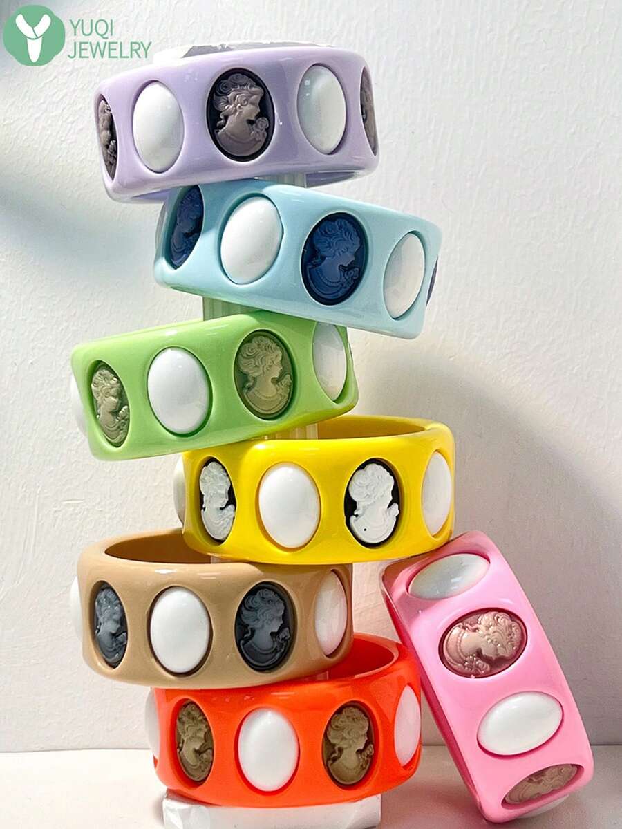 1件可愛瓢蟲壓紋樹脂手環手鍊,彩色寬版風格,Y2K可疊戴飾品,適合夏季、休閒穿搭與派對配件 - 多色A - 查看 1