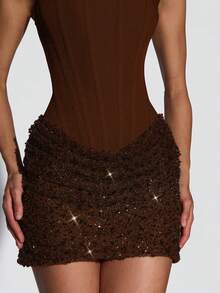 New Luxury Women's Spaghetti Strap Bodycon Sleeveless Mini Dress, Fashion Exquisite Patchwork Herringbone Design, Fitted Bustier Cocktail Party Formal Evening Short Gown - Coffee Brown - View 11