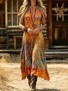 Vestido Casual de Manga Corta con Estampado y Cuello en V Estilo Western Vintage para Mujer, Elegante para Primavera/Verano y Vacaciones - Naranja - Ver 4