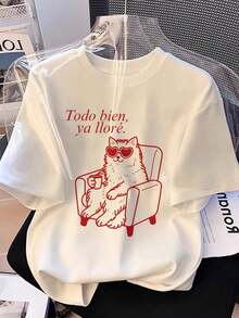 Funny And Heartbreaking Cat T-Shirt For Women - Summer Crew Neck Top With Cute Kitten Print Suitable For Cat Lovers - Casual Wear And Themed Events (Machine Washable) - 白色 - 查看 6