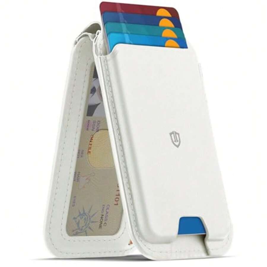 SHIELDON Cartera de Cuero Genuino, Tarjetero Magnético, Tarjetero para Magnetico, Soporte Ajustable Bloqueo RFID Leather Wallet Card Holder Compatible con iPhone Serie 16/15/14/13/12, Negro - Blanco - Ver 1