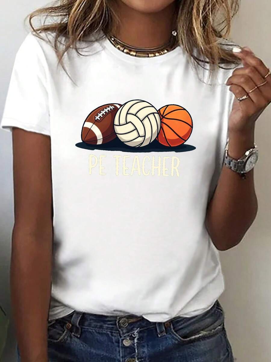 Women's Physical Education Teacher Print T-Shirt - Football And Volleyball Theme - Lightweight T-Shirt, Suitable For Coaches And Casual Wear - Machine Washable, Round Neck, Short Sleeve - Perfect Gift For Physical Education Teachers. - 白色 - 查看 1