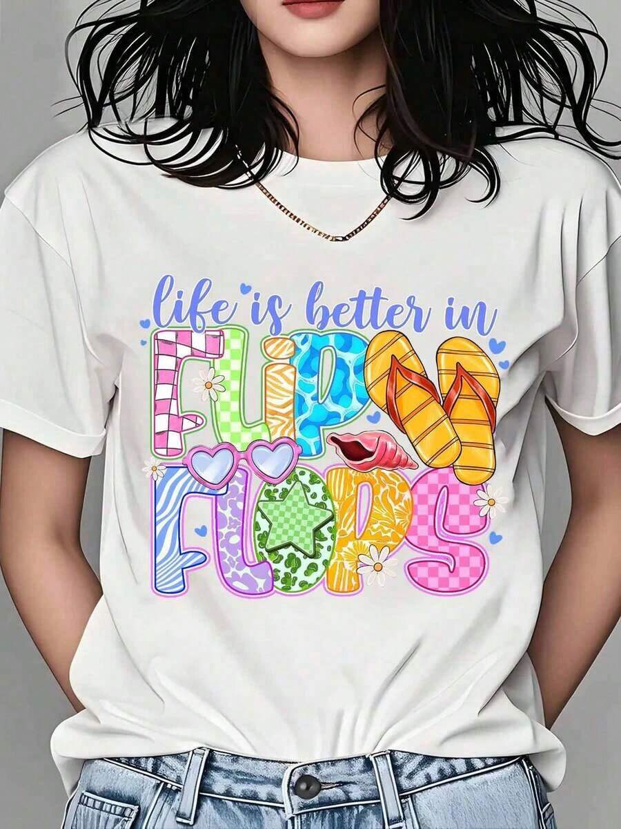 Life Is Better With Flip-Flops, Women's Summer T-Shirt, Fun And Casual Graphic Tee, Beach Vacation Outfit, Cute Summer Clothes For Girls. New Summer Arrivals: 100% Cotton Crew Neck T-Shirts. - 白色 - 查看 1