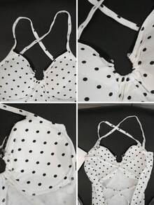 Sexy Backless Criss-Cross Strap Heart Shaped Polka Dot Spaghetti Strap Crop Top With Chest Pad, Outings, Commuting, Valentine's Day, Vacation Casual - White Background With Black Dots - View 7