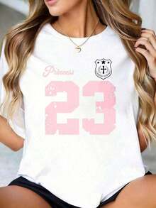 1 Piece Custom Round Neck T-Shirt With Interesting Princess Print 23, Pink Number, Black, For Women, Casual Style, Sporty, Graphic T-Shirt, Ideal For Gifts, 180g 100% Cotton. - 白色 - 查看 4