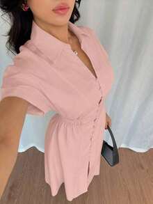 Vestido camisero casual de mujer con botones delanteros, mangas raglán y cintura ajustada - Rosa - Ver 6