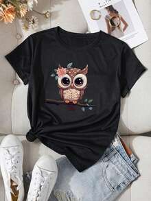 Women's Short Sleeve T-Shirt With Round Neck And Cartoon Owl Print, Graphic Tees For Women - Hitam - View 3