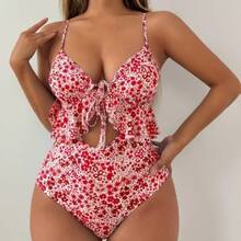 Traje de baño sexy de una pieza con estampado floral y volantes TK386 - Rojo - Ver 5