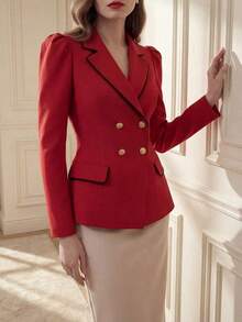 AYYFranclia Blazer de negocios casual de otoño elegante con ajuste de cintura, de doble botonadura, hebilla de metal y borde negro en contraste, en color caqui, para uso en primavera y otoñoAYY - Rojo - Ver 3