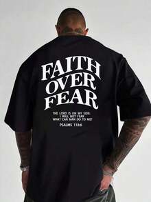Men's Graphic T-Shirt, Faith Over Fear, Everyday Wear, 100% Cotton, Unisex, Gift Idea For Him Or Her, Streetwear Design, Comfortable Casual Top - 黑色 - 查看 2