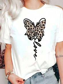 GiftGiftYOKASA Women's Short Sleeve Crew Neck Camisole. Leopard Print, Lettering, Cartoon, Fruit, Flower, Tropical Plant, And Butterfly Design. 1 Pc, 180g Pure Heavy, Spandex Soft. Suitable As A Gift. Women's T-Shirt. Elegant Blouses. Boho Chic. Soft, Breathable, And Comfortable Women's Top, Ideal For Spring, Summer, And Autumn, Perfect For Vacations, Travel, And Everyday Wear. - YH151-白色 - 查看 1