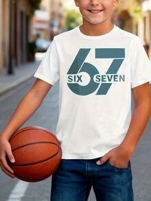 SIX SEVEN Graphic T-Shirt Number Six And Seven - Short Sleeve Cotton Casual Summer T-Shirt With Number Print, Round Neck, Comfortable Casual Wear For Playing, Easy Care - 白色 - 查看 2