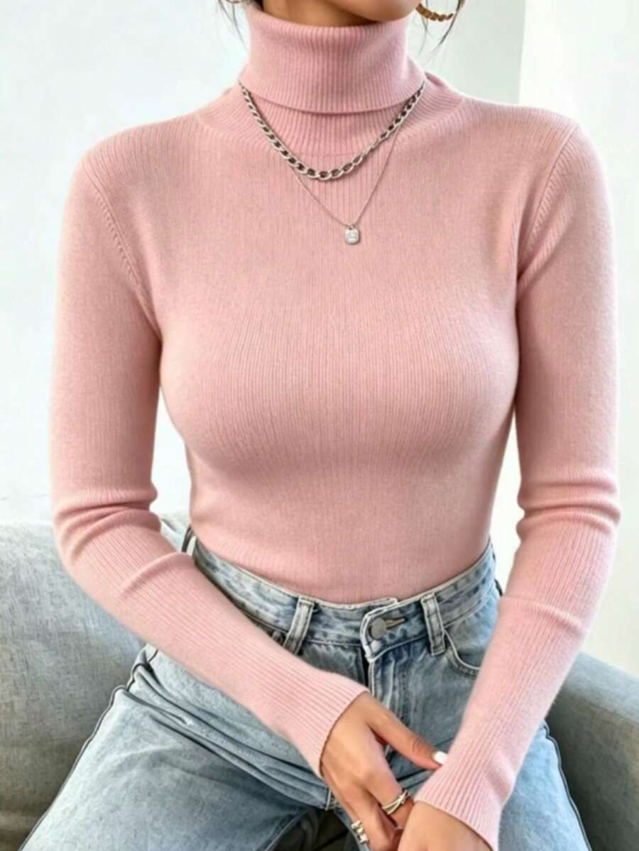 High-Neck Elastic Knit Sweater: Warm And Thin For Layering In Cold Weather - Baby Pink - View 1