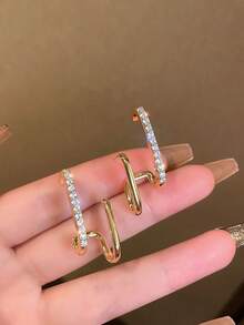 1 Đôi bông tai vàng đính đá hai hàng thời trang dành cho nữ - Vàng - Xem 2