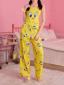 Noctvar OBM Sleepwear X LOONEY TUNES 女士兩件式睡衣：黃色碎花吊帶背心 + 印花家居褲，柔軟舒適家居服 - 黃色 - 查看 4
