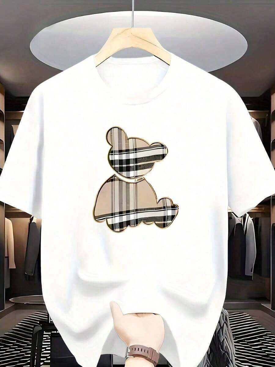 Camiseta Casual Versátil% Poliéster, Estampado de Oso Creativo en Color Caqui, Manga Corta Transpirable para Actividades al Aire Libre Primavera/Verano - Regalo para Novio