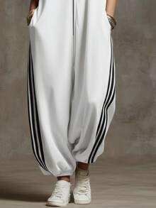 Striped Jumpsuit With High Neck And Zipper, Color-Blocked Design - White - View 3