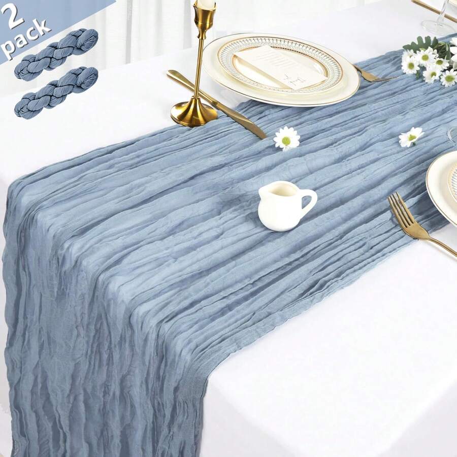2pcs Grey-Blue Cheese Cloth Table Runner, 35x120 Inch Boho Crinkle Gauze Table Runner, Suitable For Wedding, Bridal Shower, Birthday Party, Farmhouse Dining Table Decor - Dusty Blue - View 1