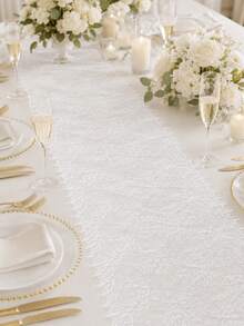 1 pieza Camino de mesa de encaje blanco de 9.84x118.11 pulgadas, camino de mesa bohemio bordado en marfil, cinta de encaje elástica con patrón floral bordado, tela de encaje para decoraciones de mesa de boda rústica, fiesta de ducha nupcial, caminos de mesa vintage - Cuadrado blanco - Ver 6