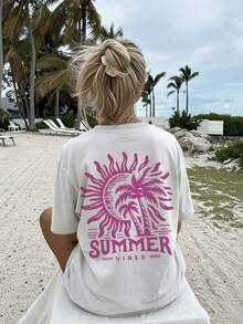 Sun And Palm Tree Print Vintage Style Casual Graphic Tee, Oversized Women's Crew Neck, Regular Fit Summer Top For Women - 灰色 - 查看 3