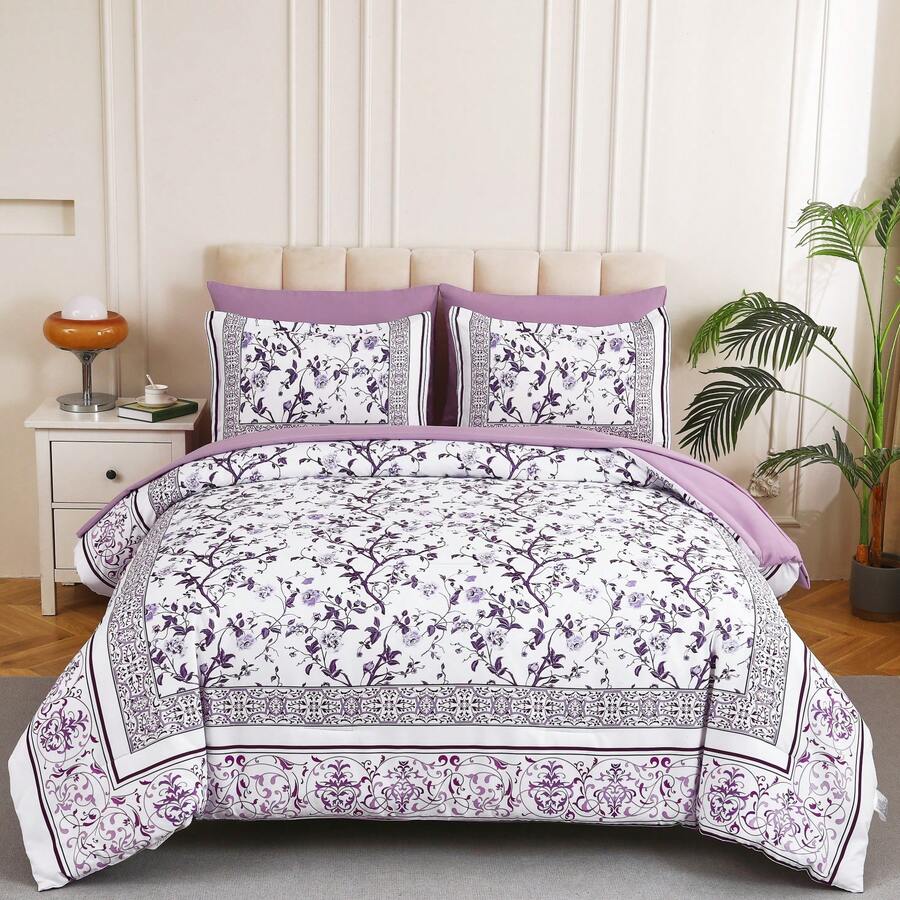 7 Piece Bed In A Bag Bed, Floral Full/Queen/King/California King Size Comforter Set,Blue Flowers Botanical Bedding Set,Soft Microfiber Bedding Comforter Sets With Sheets For All Season.Room Decor, Bedroom Decor, - Màu xanh lam - Xem 1