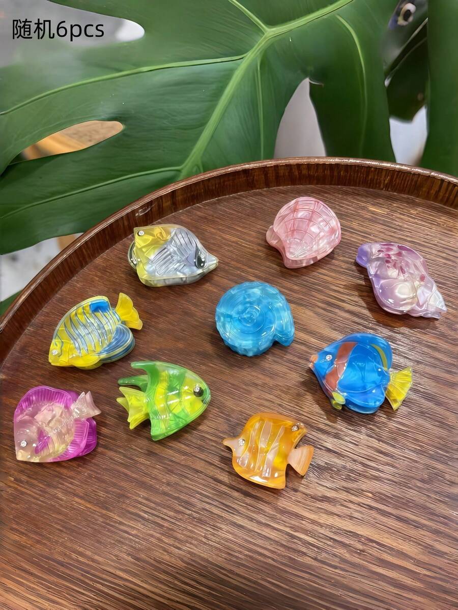 6件組隨機海洋動物髮夾套組,彩色熱帶魚與貝殼壓克力髮夾,可愛海洋風髮飾,適合女性與女孩 - 彩色 - 查看 1
