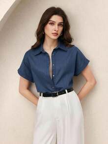 Camisa casual de mujer de unicolor con bordado, estilo retro de los 90, patrón de bordado de caballo, puños vueltos, atuendo básico diario, camisa casual de primavera/verano, adecuada para vacaciones de mujer, ocio de verano, brunch en la playa, salidas, citas, viajes al trabajo, negocios, ocasiones sociales - Azul - Ver 2