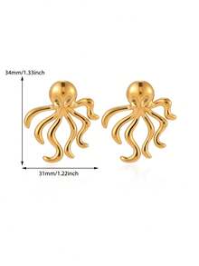 Vintage Stainless Steel Big Coral Earrings,18K Gold Plated Octopus Stud Earrings, Marine Life Jewelry Ocean Beach Daily Wear Vacation Accessory - 1 - View 14