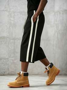 Men's 3/4 Length Shorts, Loose Fit With White Side Stripe And Drawstring Waist, Casual Street Style Pants, Suitable For Daily Wear In Summer - Black - View 4