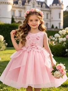 Young Girl Elegant Lady Sweet Cute Embroidered Mesh Sleeveless Party Dress, Suitable For Flower Girl, Birthday Party, Stage Performance And Other Important Occasions, Suitable For Various Festivals, The Dress Is Very Cute And Dazzling When Worn - 粉色 - 查看 5