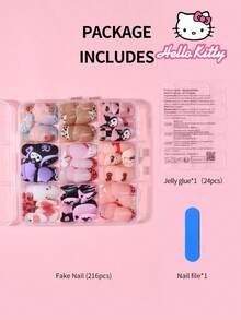 Sanrio 萬聖節 Hello Kitty 216片(9款混色) Y2K 短橢圓 3D 法式穿戴甲，含 Hello Kitty & Kuromi、花朵、豹紋、愛心、星星、火焰、波點與海洋波浪圖案設計，完美貼合壓克力假指甲套組 - 彩色 - 查看 7
