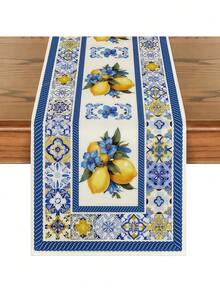 1pc, Blue And White Porcelain Lemon Flowers Summer Table Runner, Seasonal Spring Kitchen Dining Table Decoration For Home Party Decor - Blue - View 1