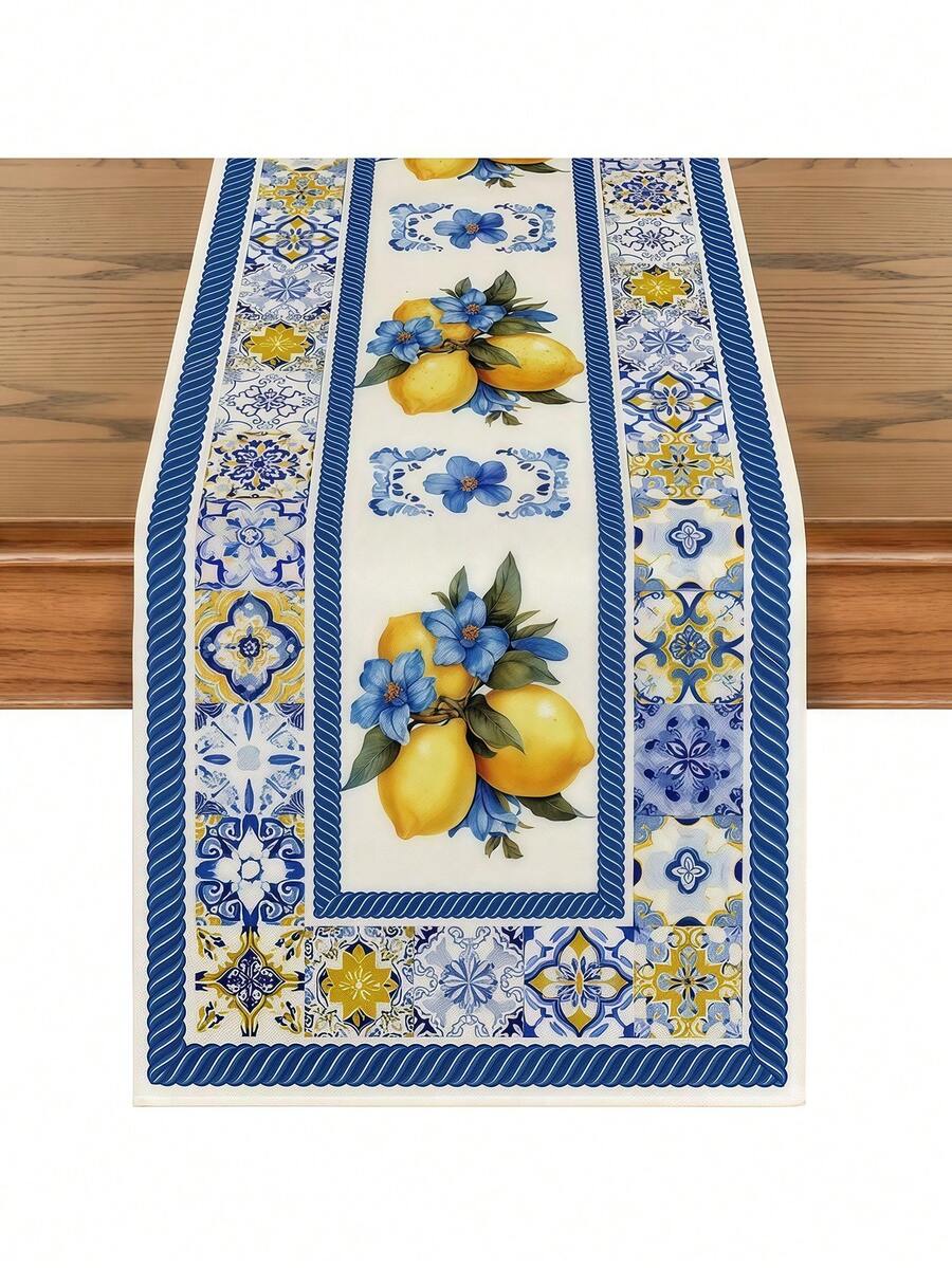 1pc, Blue And White Porcelain Lemon Flowers Summer Table Runner, Seasonal Spring Kitchen Dining Table Decoration For Home Party Decor - Blue - View 1