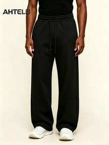 AHTELB Pantalones rectos de pierna ancha con cintura elástica y cordón, pantalones deportivos de unicolor cómodos y versátiles de moda - Negro - Ver 3