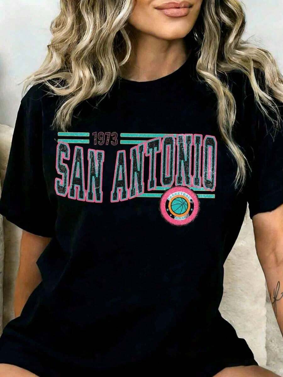 Cotton San Antonio 1973 Basketball Jersey, Unisex, Retro Style, Vintage Graphic Design Sports T-Shirt For Men And Women, Summer Casual Wear, Streetwear, Fashion Must-Have. - 黑色 - 查看 1