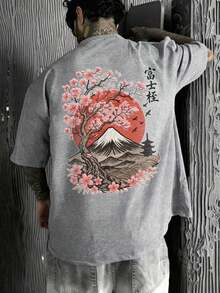 The Hottest Item Of The Summer: Men's Short-Sleeved Crew Neck T-Shirt With Embroidered Sakura And Mountain Print, Minimalist Summer Fashion. | Basic Casual Urban Style T-Shirt, Boyfriend Gift, Stylish, Popular, Party T-Shirt. - 灰色 - 查看 3
