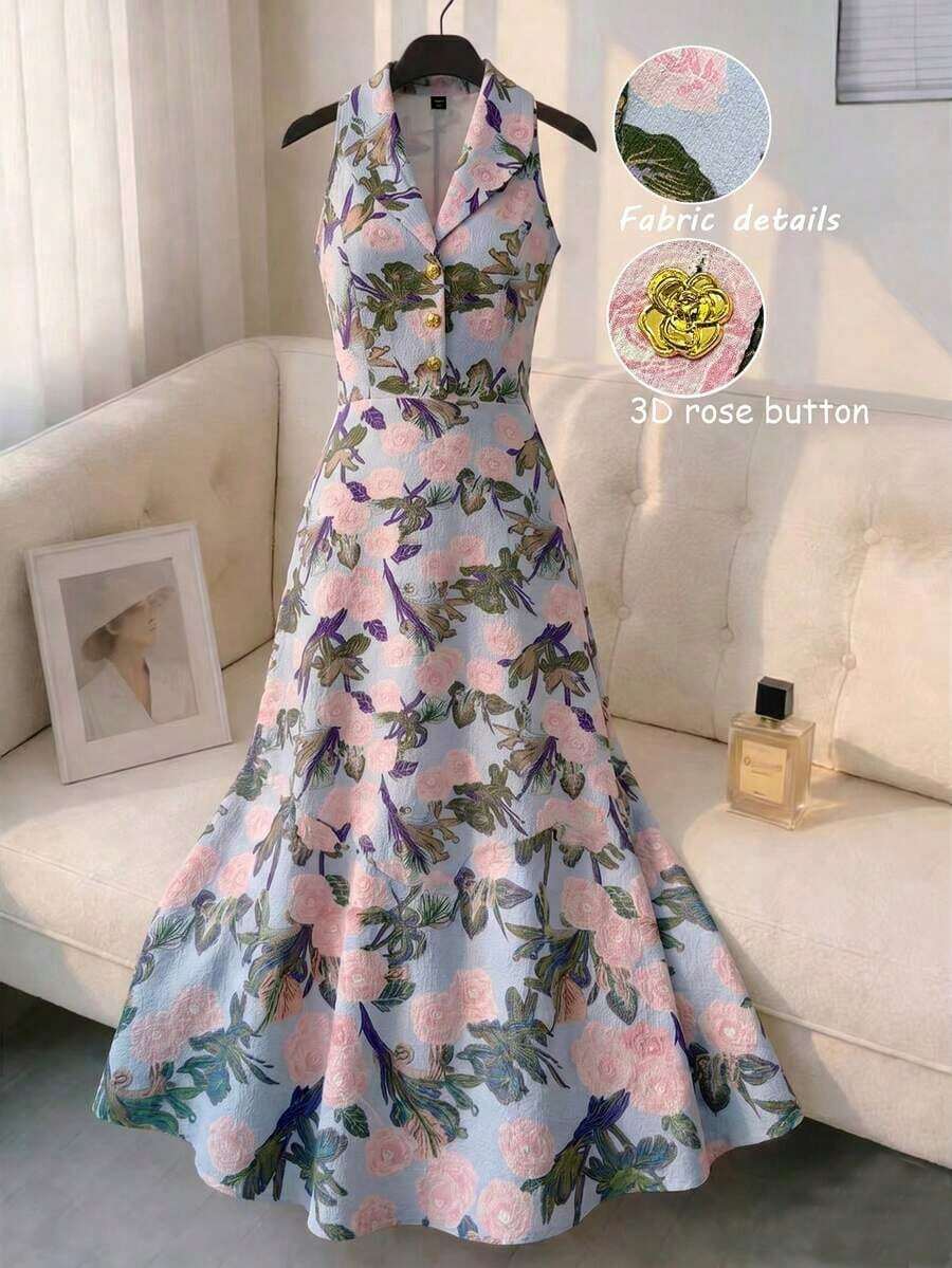 Nuevo vestido maxi de primavera/verano para mujer de "algodón suave con rayas azules rastreables", con un elegante estilo retro francés, cintura ceñida y vuelo, decorado con flores de rosa 3D, vestido camisero floral con botones, vestido largo sin mangas, vestido maxi elegante de verano, vestido de gala con estampado de rayas azules, vestido de fiesta formal - Azul 2 - Ver 1
