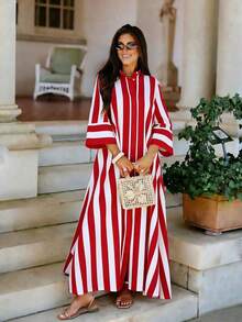 Vestido largo para mujer, con diseño de rayas anchas y bloques de color, adecuado para el uso en el festival de Eid Al-Adha en primavera/verano en color rojo - Rosa - Ver 6