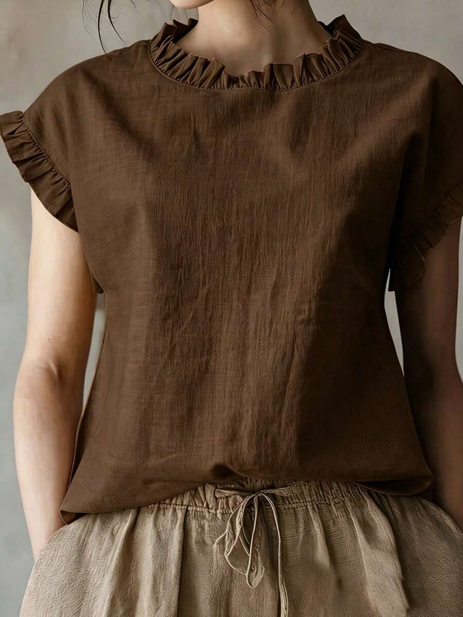 Women's New Ruffle Collar & Sleeve Design Solid Color Casual Blouse, Elegant And Versatile For Summer, Suitable For Work, Home And Office - Coffee Brown - View 1