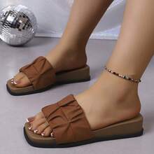 Women's Pleated Simple Solid Color Square Toe One-Strap Wedge Platform Casual Slide Sandals, Brown PU Material, Suitable For Daily Commute In Summer - Brown - View 1