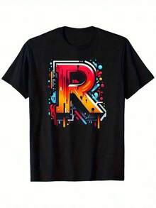 Men's T-Shirt With Graffiti Art And Initial Letter R - 100% Cotton, Relaxed Fit, Short Sleeve With Vibrant Print, Crew Neck, Casual Streetwear, Everyday Comfort, Machine Washable | Art Print Shirt | Comfortable Fabric - 黑色 - 查看 1