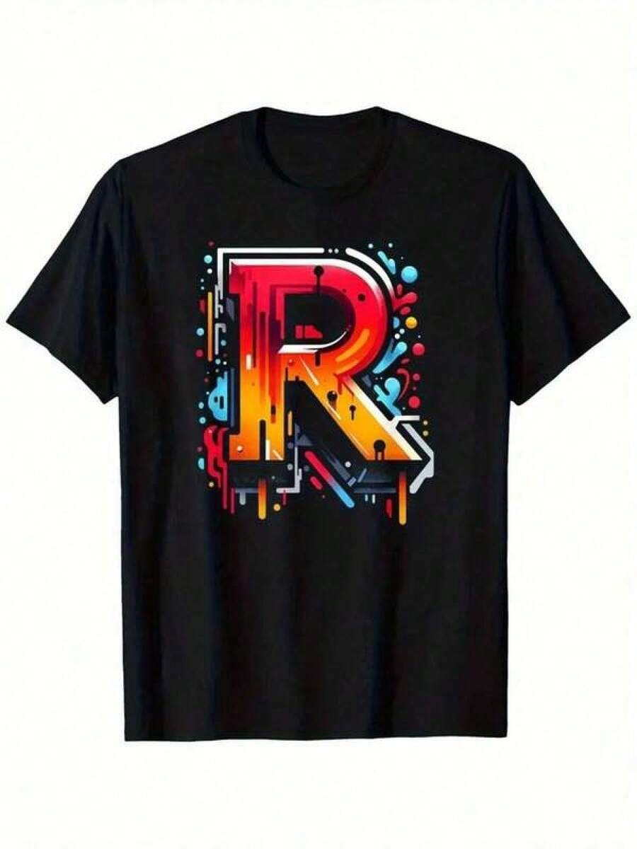 Men's T-Shirt With Graffiti Art And Initial Letter R - 100% Cotton, Relaxed Fit, Short Sleeve With Vibrant Print, Crew Neck, Casual Streetwear, Everyday Comfort, Machine Washable | Art Print Shirt | Comfortable Fabric - 黑色 - 查看 1