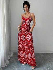Vestido casual de vacaciones con estampado retro Perris para mujer - Rojo - Ver 5