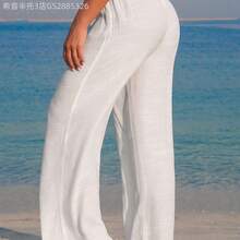 Yunuo Menswear Swim Vcay Pantalones de playa casuales de mujer con parches tejidos blancos, nudo de bambú y borlas huecas - Blanco - Ver 3