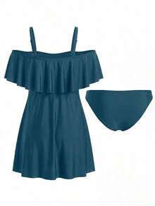 Swim Lushoire Parte superior de tankini de vacaciones con volantes en los hombros para mujer de talla grande, de unicolor - Agua verde azul - Ver 7