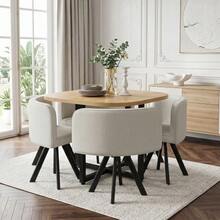Table And Chair Set For 4 People, Consisting Of A Table (85 X 85 Cm) And Four Linen-Covered Chairs, Suitable For The Kitchen And Dining Room (Oak Tabletop + Grey Chairs) - Krem - View 12