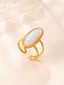 1pc 18K Gold Plated Stainless Steel Vintage Oval Cat Eye Stone Ring, Minimalist Elegant Finger Ring, High-Quality Fashion Accessory Suitable For Women's Daily Wear And Parties - Multicolor - View 5