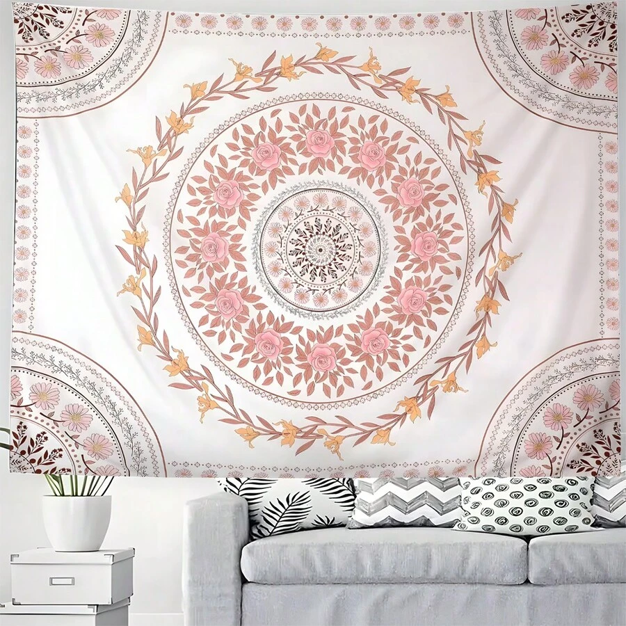 1 buah Permadani Mandala Mawar Merah Muda Gaya Bohemian, Cocok untuk Dekorasi Kamar Tidur, Dicetak dengan Pola Bunga Mawar, Dekorasi Gantung Dinding - 1PC - View 1