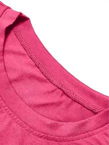 Spring/Summer New Women's Round Neck T-Shirt With Cat Catching Butterfly Print In Rose Flower Field, Vintage Distressed Style Casual Sports Top, Soft - Hot Pink - View 6